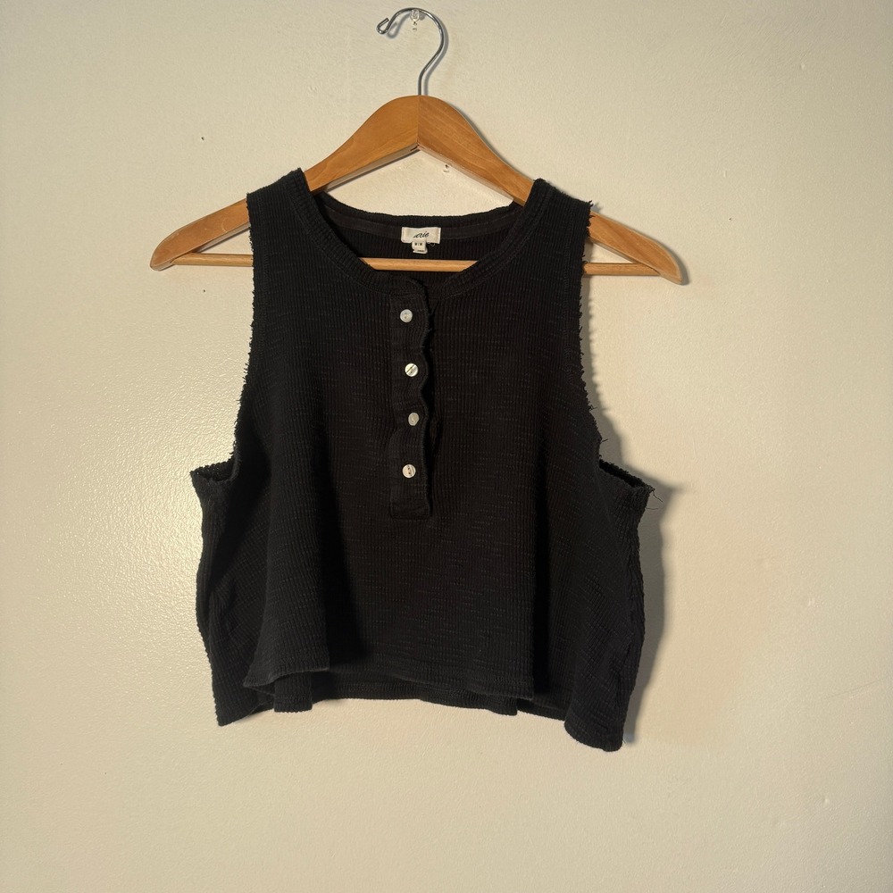Aerie Henley Tank Top Women Medium Black Waffle Knit Raw Edge Crop